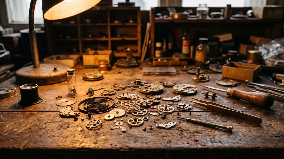 Engrenages de laiton et ressorts posés sur un établi en bois sous une lampe chaude, dans un atelier sombre